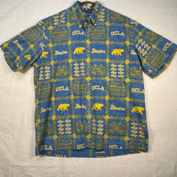 Reyn Spooner Blue Yellow Reverse Print UCLA Bruins Short Sleeve Button-Down Shir - Picture 1 of 9